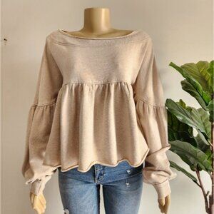 Free People Oatmeal Peplum Sweat Sweater Top Size M Oversized Oatmeal Color